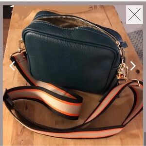 Elie Beaumont Teal Crossbody Bag with Orange & Black Striped Strap & Orig Strap